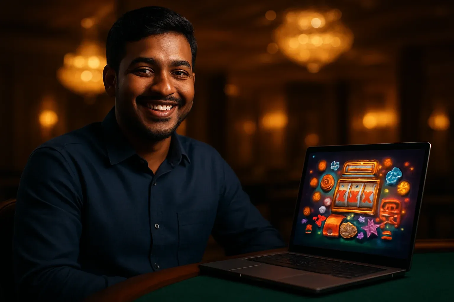 Cheerful Bangladeshi man with open laptop at premium casino lounge